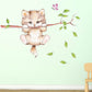 Cute cat wall sticker with twig branch, green leaves, and purple butterfly
