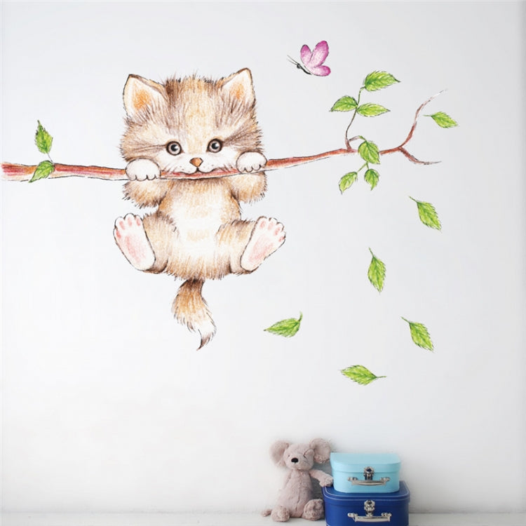 Cute cat wall sticker with twig branch, green leaves, and purple butterfly