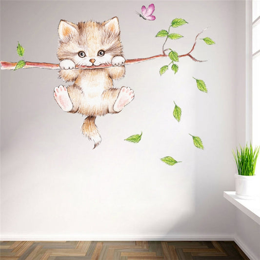 Cute cat wall sticker with twig, green leaves, and small purple butterfly