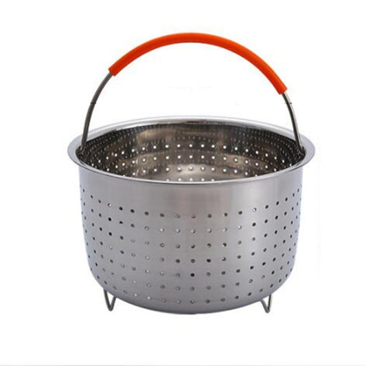 Stainless steel steaming basket with perforated sides and orange silicone handle