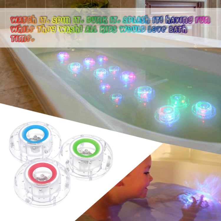 Three floating LED pool lamps with colored inner rings (red, green, blue)