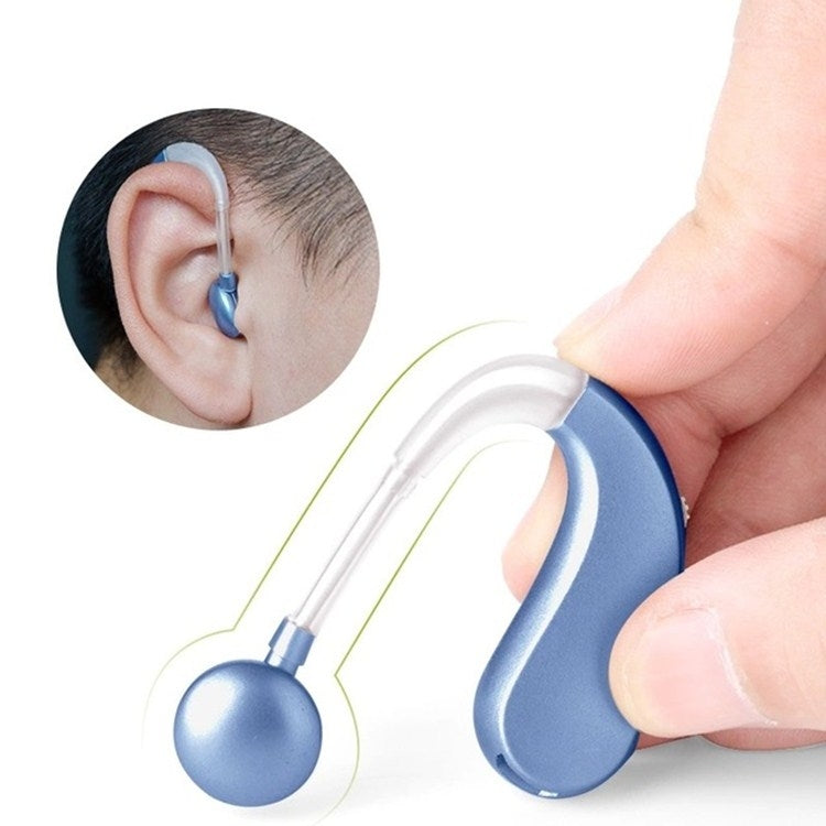 Dark blue behind-the-ear hearing aid with clear tube and small in-ear tip