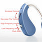 Blue and white behind-the-ear hearing aid with mode and volume control buttons