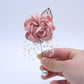 Pink fabric rose pearl brooch with dangling pearl bead fringe and round pearl drop