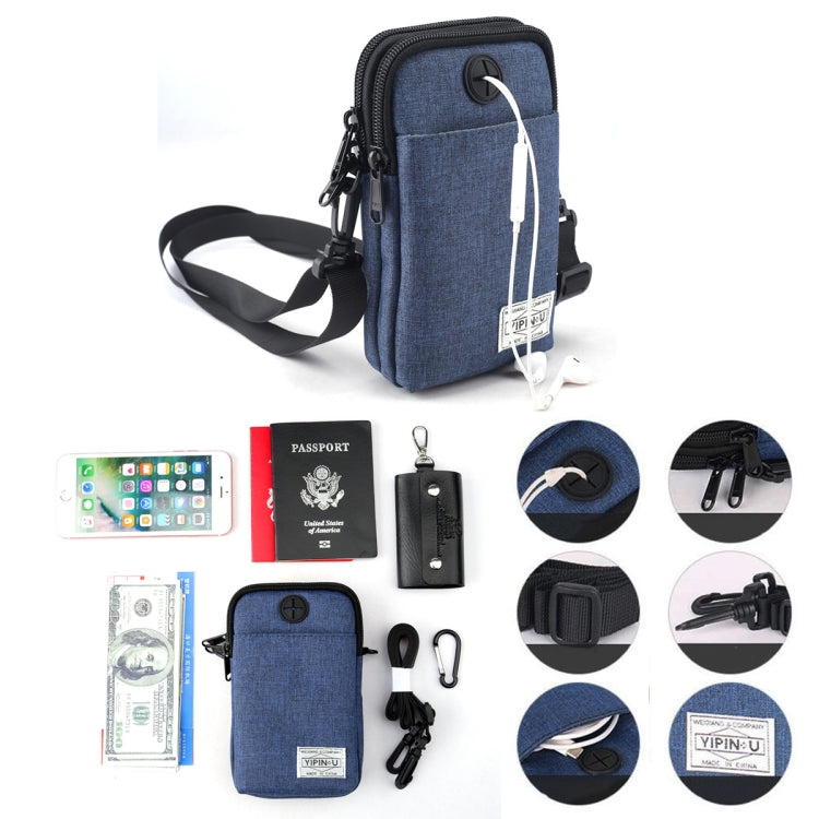 Blue waterproof mini phone storage bag with front zipper pocket and crossbody strap