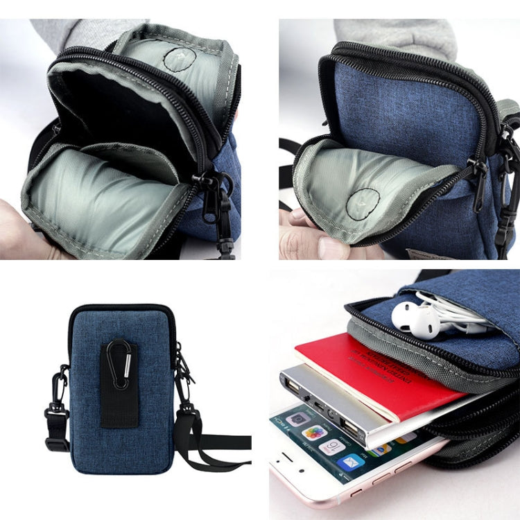 Blue waterproof phone storage bag with open zipper revealing padded inner compartments