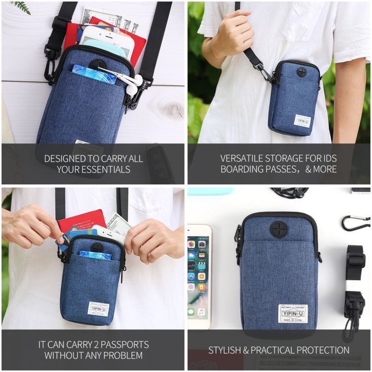 Blue waterproof phone storage bag with front zipper, crossbody strap, and compact design