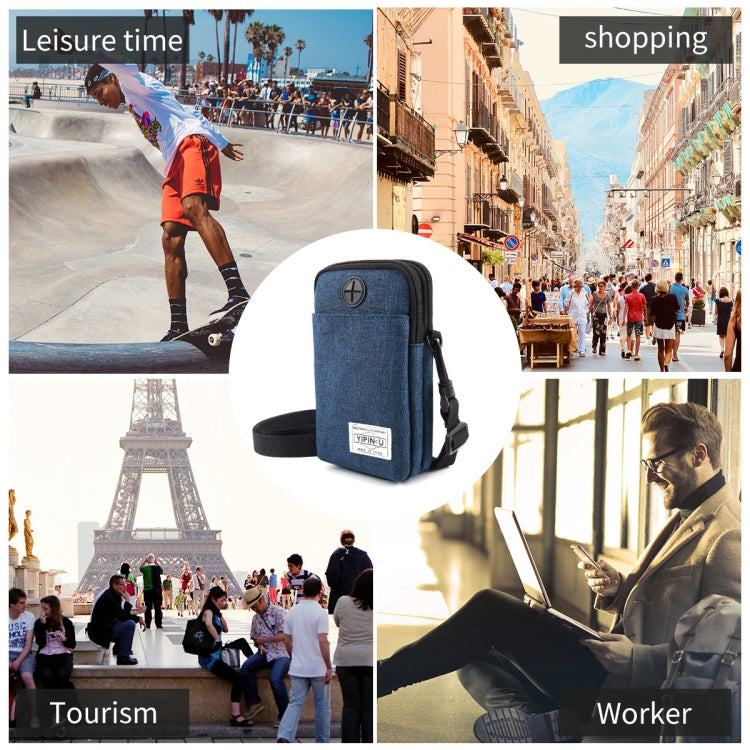 Blue waterproof compact phone storage bag with zip pocket and adjustable crossbody strap