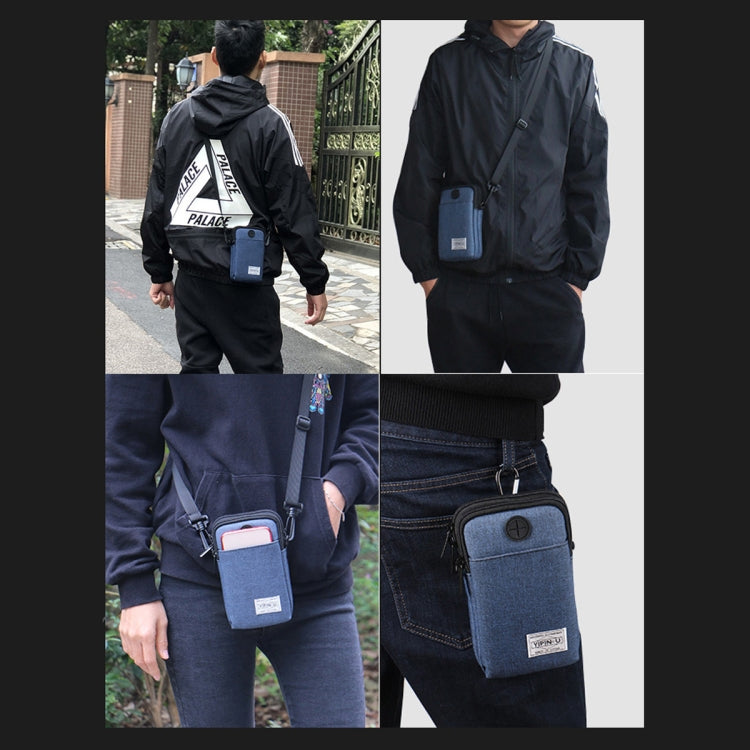 Blue waterproof mini crossbody phone storage bag with front zipper and lanyard strap