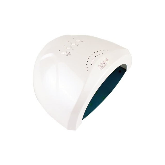 White UV nail lamp dryer with curved hood and blue interior light