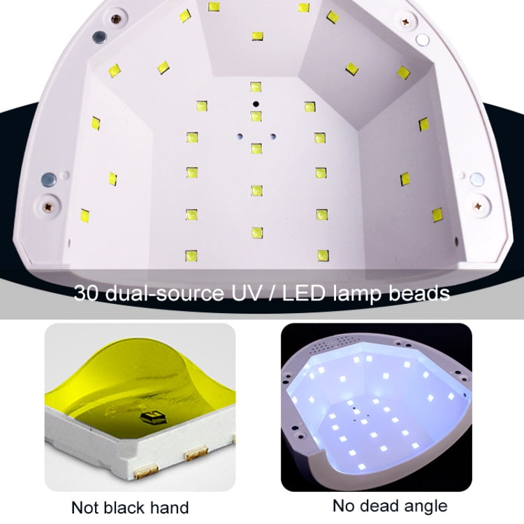 Open UV nail lamp interior with dual-source UV/LED beads across the base