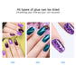 Nail polish curing examples with purple and teal manicure under UV light