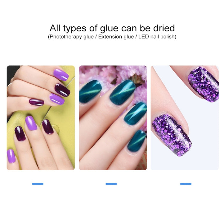 Nail polish curing examples with purple and teal manicure under UV light