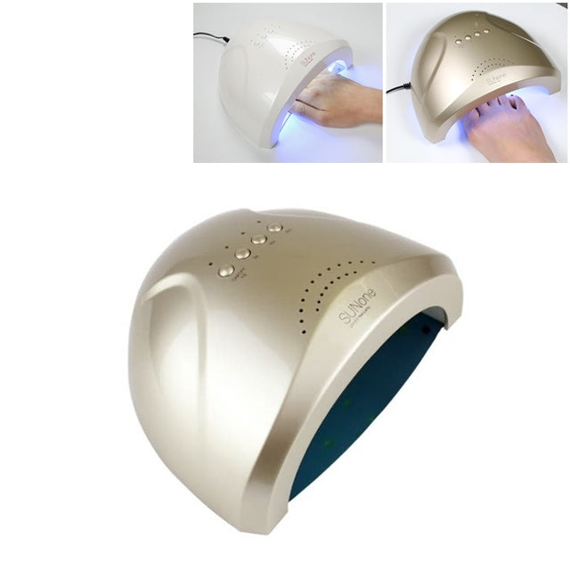 Gold/cream UV nail lamp dryer with blue-glowing curing window and top buttons