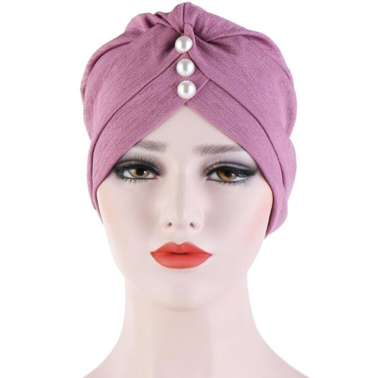 Women’s mauve hooded turban cap with triple pearl forehead embellishment