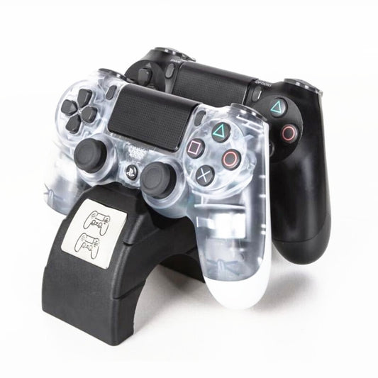 Black dual controller charging dock stand with controller seated in the front cradle