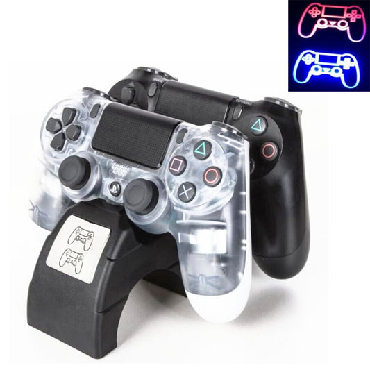 Black dual controller charging dock stand with one game controller resting on cradles