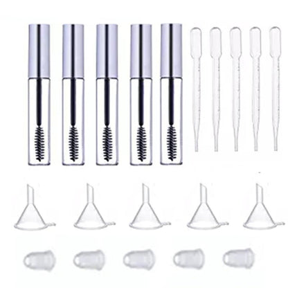 Mascara tube set with spool wand, clear funnels, and transfer pipettes in a group