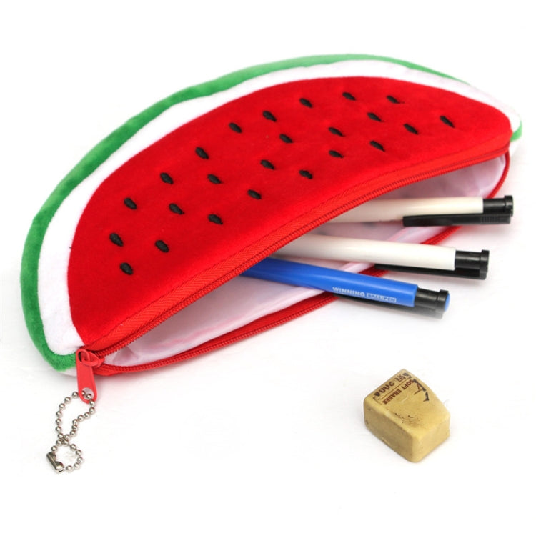 Red watermelon plush pencil bag, zippered slice shape, pencils inside and keychain charm