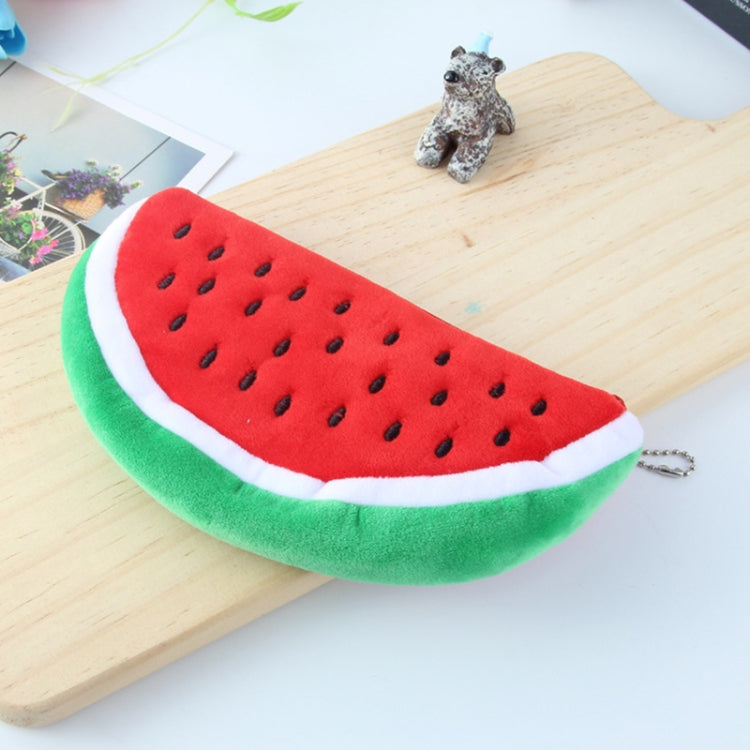 Watermelon plush pencil bag in red with green rind, zip top and hanging keychain