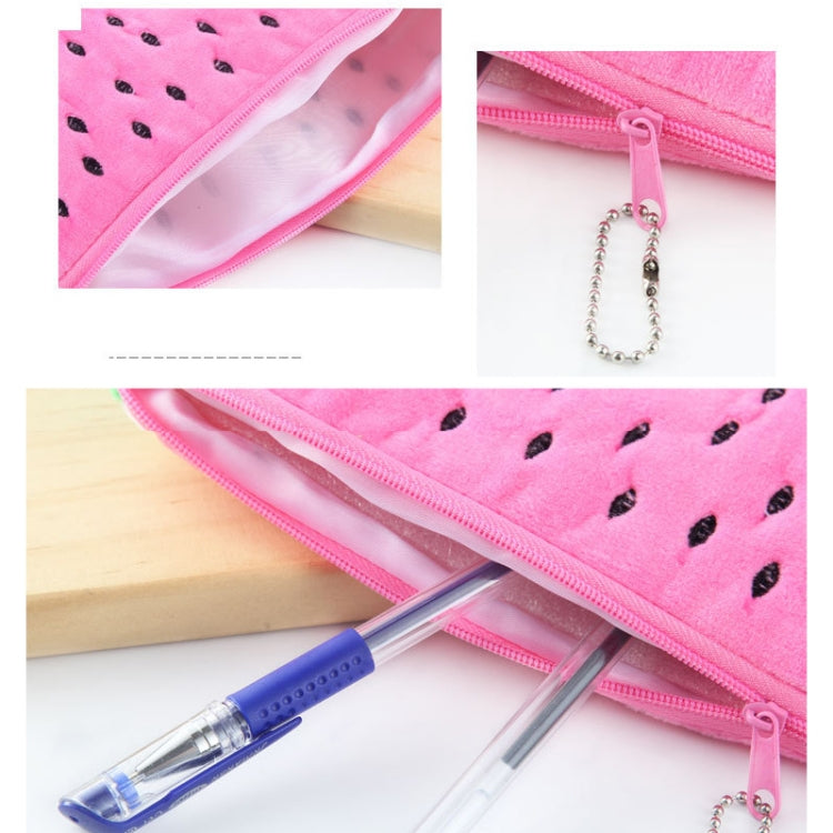 Pink watermelon plush pencil bag, zip opening and dangling ball chain charm