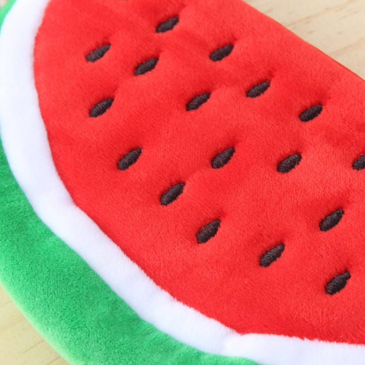 Red plush watermelon slice pencil bag with black seed stitching and green rind trim