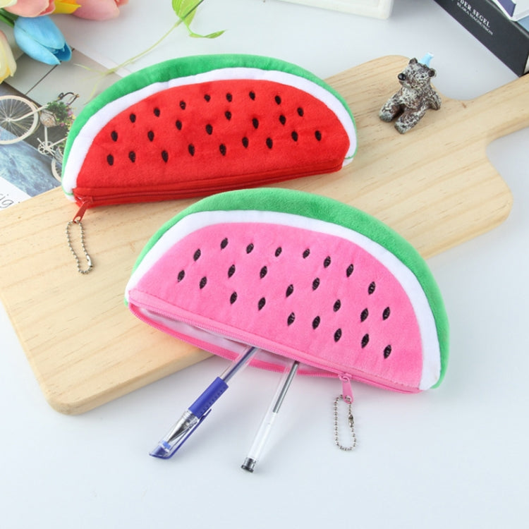 Watermelon plush pencil bag pair: red and pink zippered slices with dangling chains