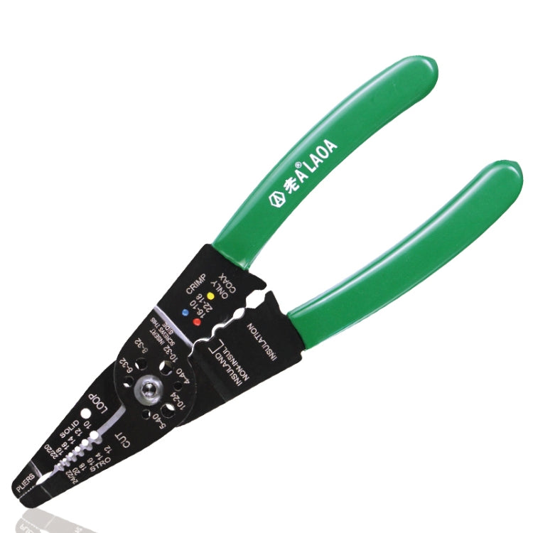 Green-and-black wire stripper pliers with numbered cutting and stripping jaws