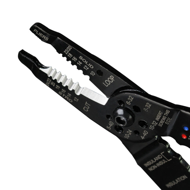 Black wire stripper pliers with silver cutting blade and circular adjustment wheel