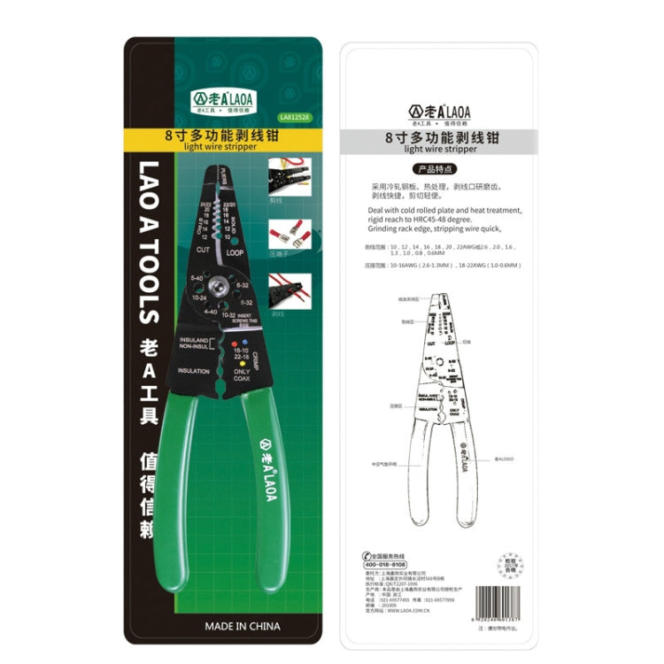 Wire stripper tool package with front card and printed diagrams, green handle shown