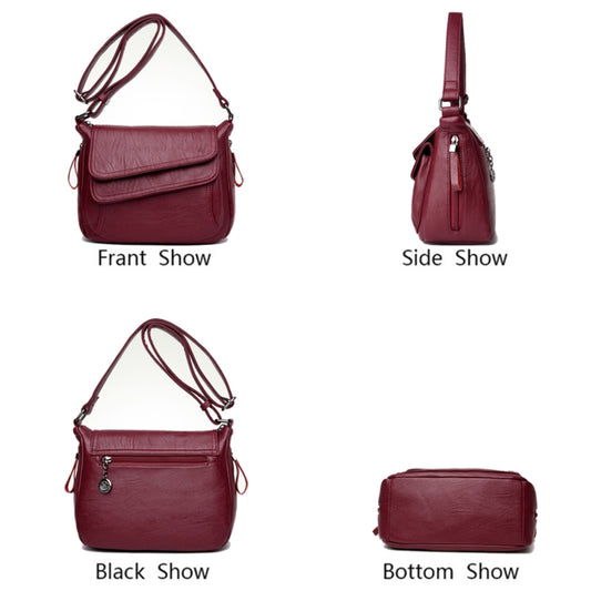 Burgundy leather messenger bag with front flap, side profile, and bottom view