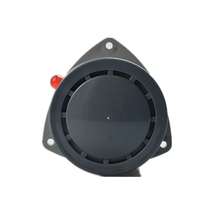 Water leak alarm detector with circular black grille and red side indicator, gray casing