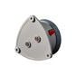 Water leak alarm detector rear panel with two ports and red indicator button on gray housing