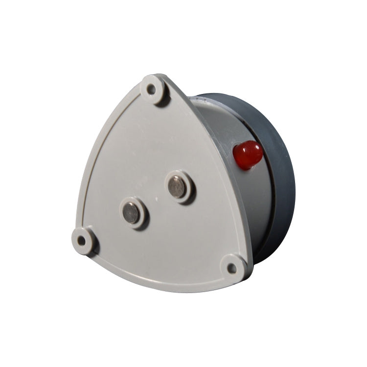 Water leak alarm detector rear panel with two ports and red indicator button on gray housing