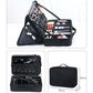 Black makeup organizer bag with top handle, front latch, and fold-out compartments