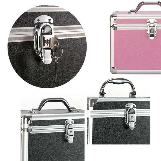 Pink aluminum-style storage toolbox with silver latch hardware and carry handle