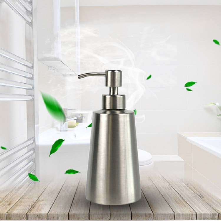 Stainless steel manual soap dispenser with curved pump spout and cylindrical bottle