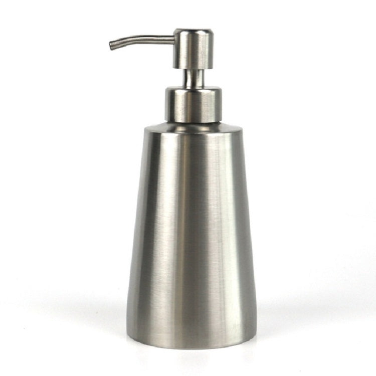 Stainless steel manual soap dispenser pump on rounded cylindrical bottle
