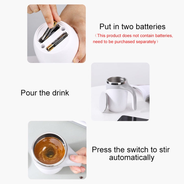 Electric white stirring cup in hands with lid removed.