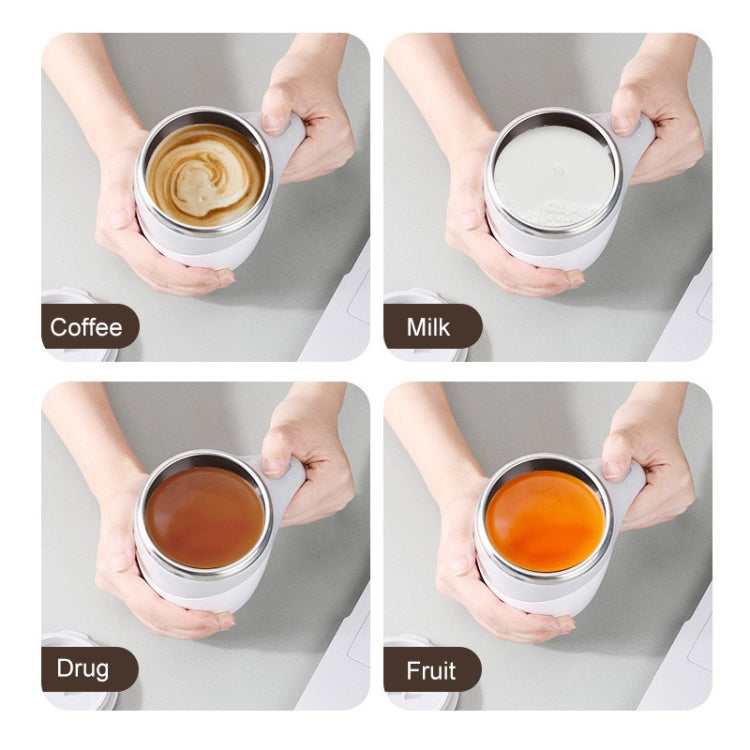 Electric white stirring cup held in hands with various filled beverages.