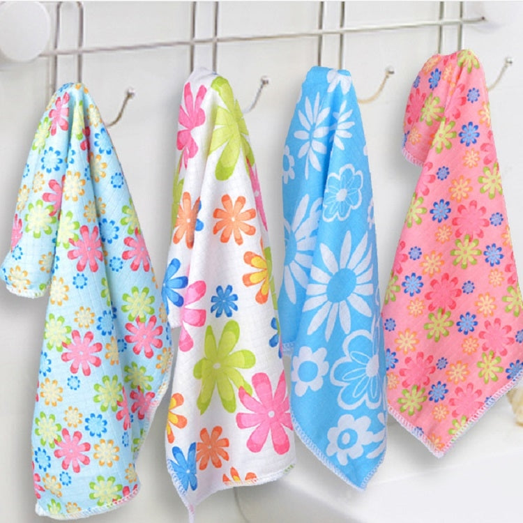 4-pack microfiber cleaning towels with multicolor flower prints, hanging loop for storage