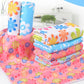 Stack of microfiber cleaning towels with blue and pink floral prints, neatly folded