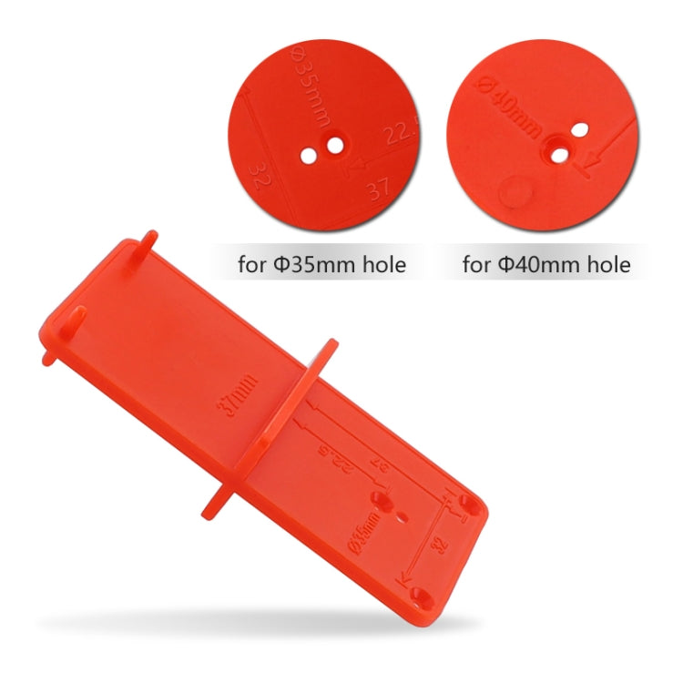 Red hinge template set with 35mm/40mm hole guides and two circular templates