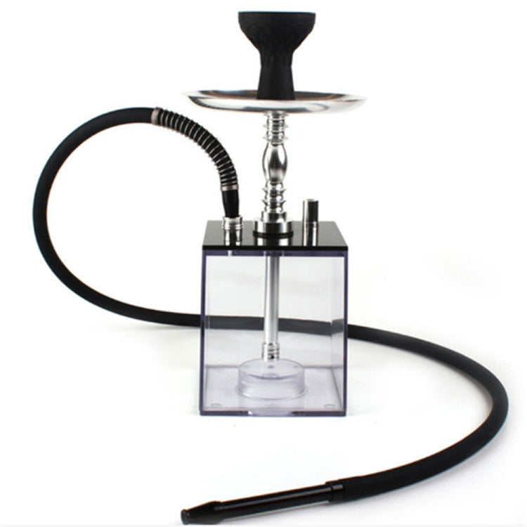 Square acrylic hookah set with black bowl, clear cube base, metal stem, and hose