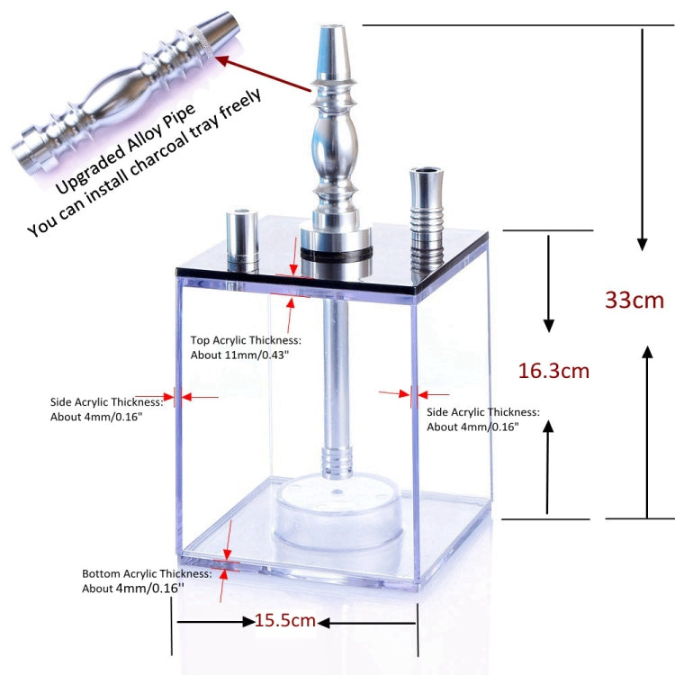 Square acrylic hookah base with chrome stem, hose, and included sizing guide