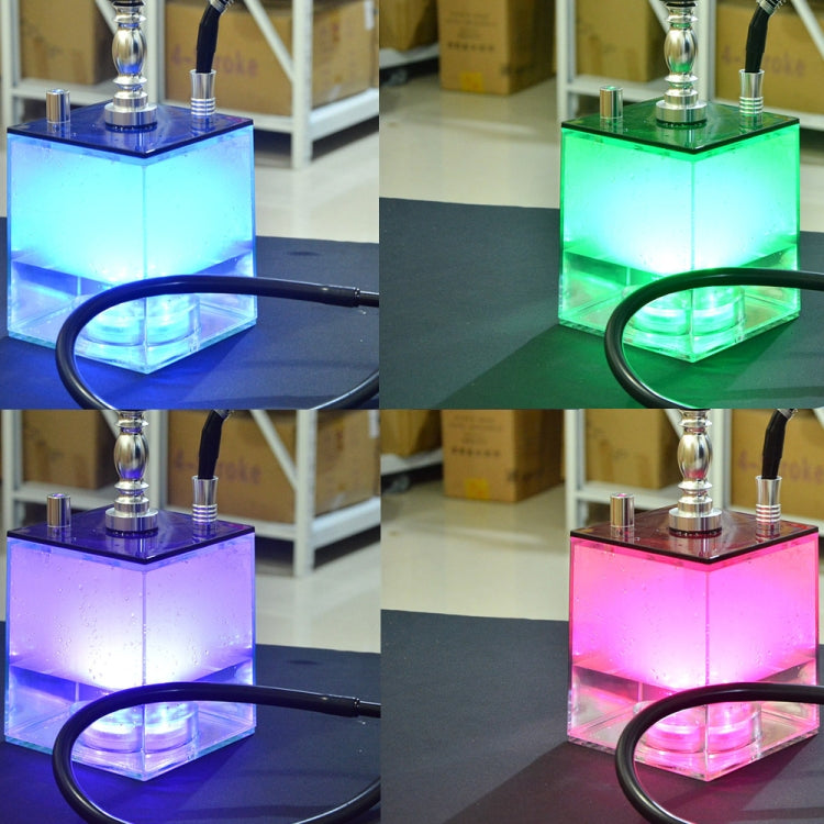 LED-lit acrylic hookah base with chrome stem and black hose, glowing blue and green