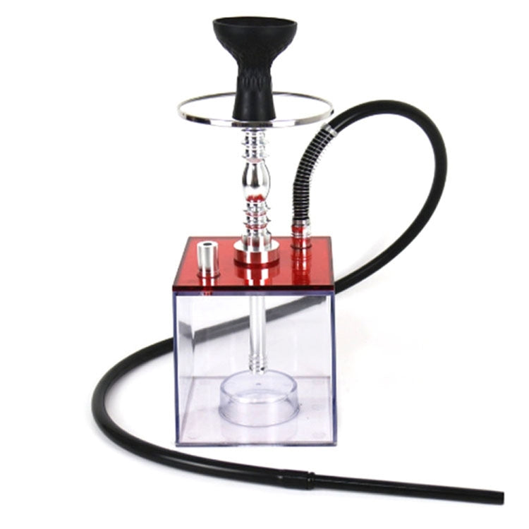 Square acrylic hookah set with black bowl, clear cube base, red stem parts, and hose