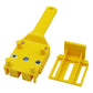 Yellow woodworking hole punching positioner jig with base insert and guide pins