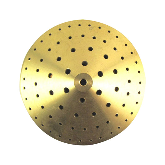 All-copper fountain nozzle underside with central inlet and evenly spaced spray holes