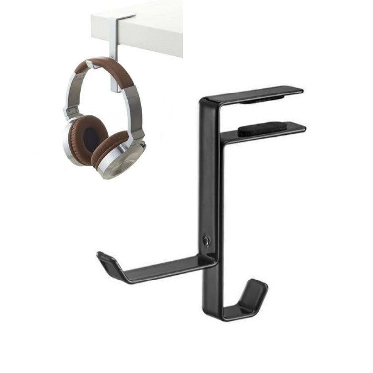 Desktop metal headset stand with headphone hook, holding brown and silver headphones